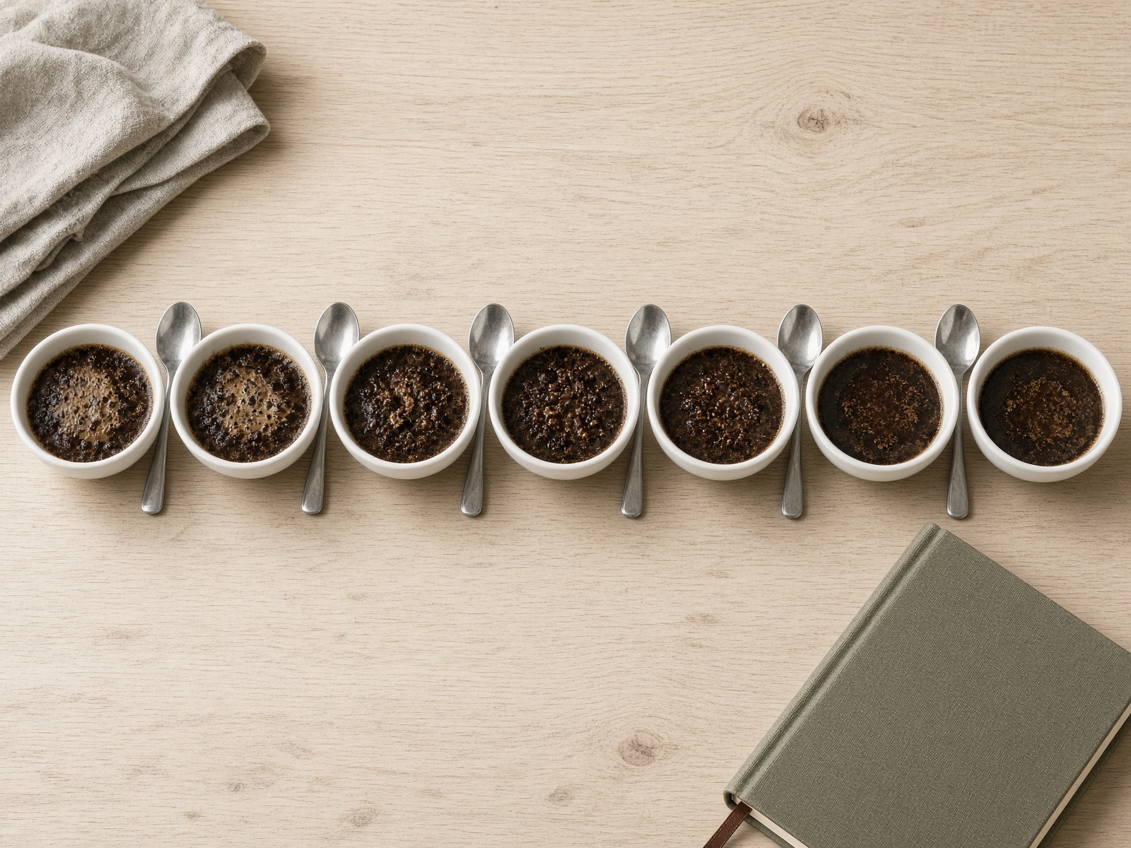 A row of cupping bowls on a pale wood table