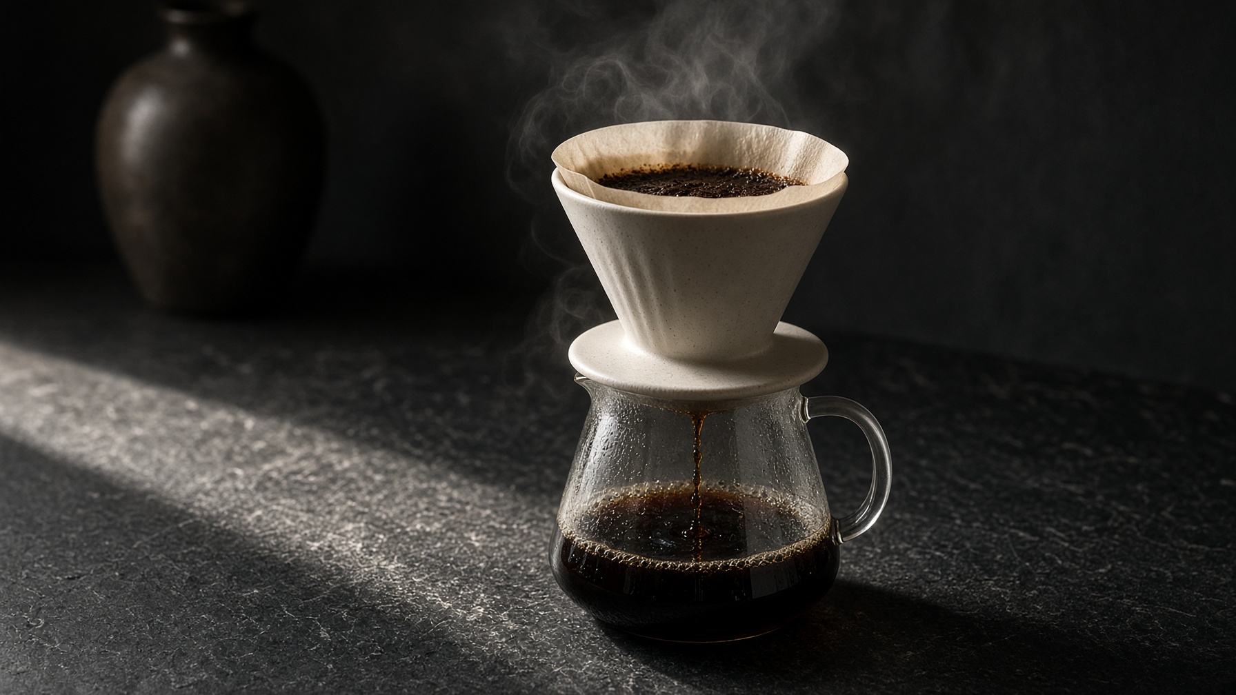 Pour-over coffee dripping into a glass carafe in morning light
